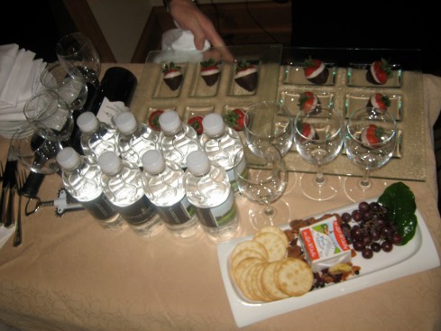 Free wine, cheese, chocolate covered strawberries