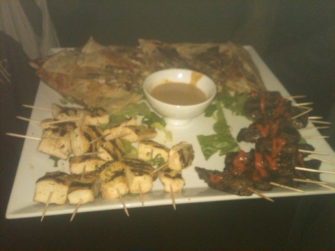 Chicken/beef skewers and vegetable quesadillas