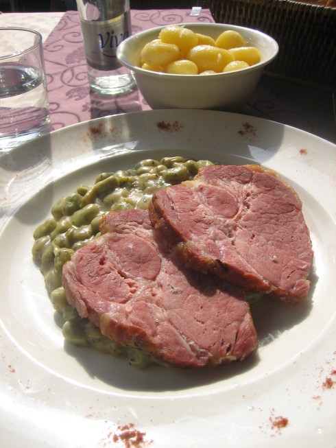 Pork neck, broad beans and potatoes